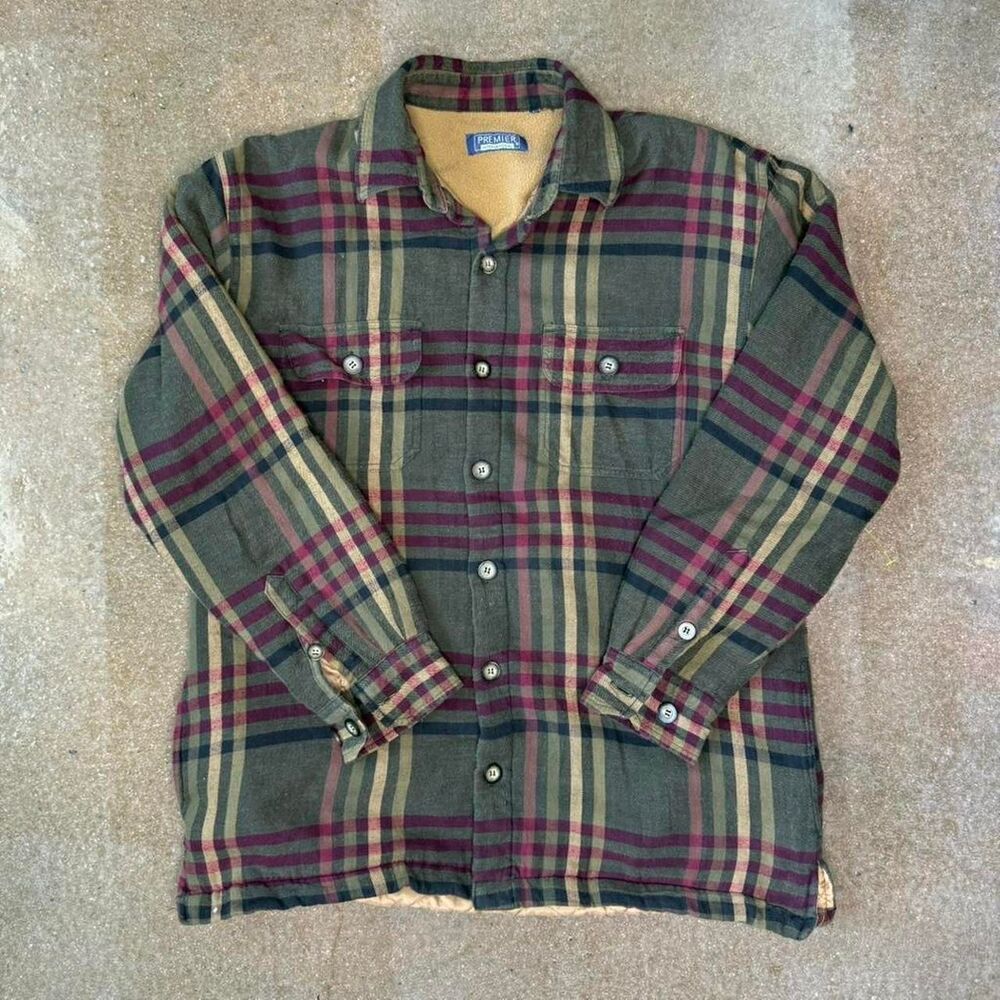 Premier Plaid Flannel Lined Shirt Jacket Green Burgundy Heavy Button Up Workwear